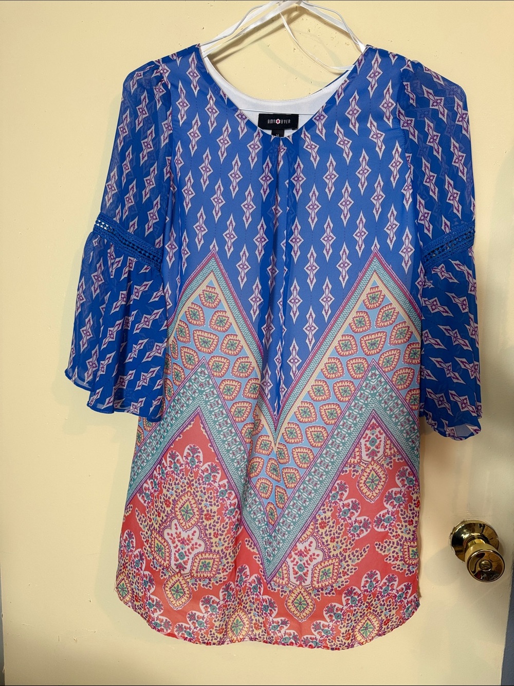 Amy Byer Blue Pink Coral Patterned Tunic Top